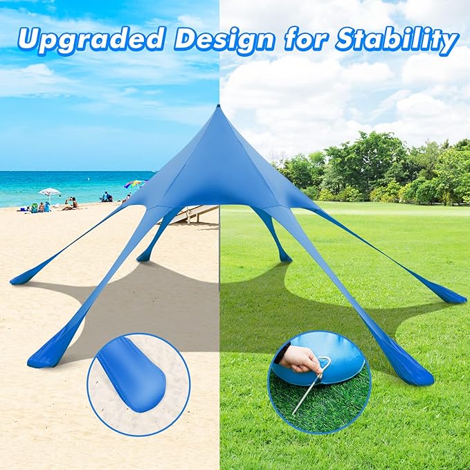 HAPPYGRILL Beach Canopy Sun Shelter with Aluminum Pole 20 FT x 20 FT UPF 50+ Pop Up Tent with Sandbags Tent Pegs Sand Shovel Carry Bag Portable Outdoor Sunshade for Camping Sport Events Picnic