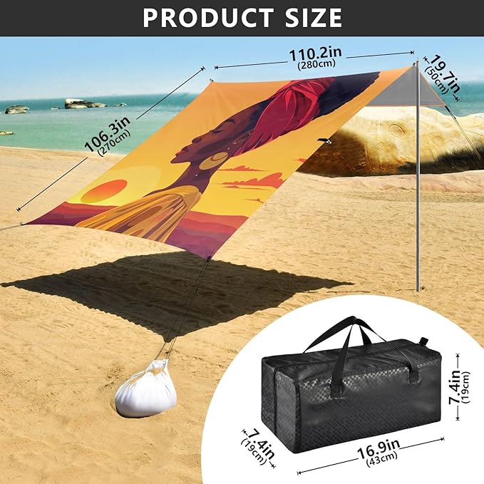 ALAZA Beautiful African Woman Sunset Beach Tent Sun Shelter Portable Canopy Sunshade for Outdoor Camping Picnics Backyard Fun 10x9 ft