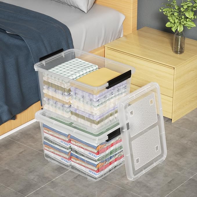 Zopnny 30 Quart Plastic Stacker Box Large Storage Bin Container with Latching Lids and Wheels for Home and Garage Organizing Shoes Tools Clear Base 4-Pack