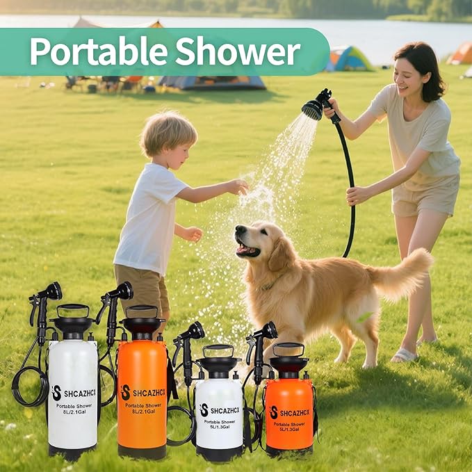 1.3 Gallon/5L Portable Outdoor Shower 10 Spray Modes No Power Needed Insulated Sleeve Keeps Water Warm Multi-Use Sprayer for Camping Beach &amp Surfing Fishing Hiking Road Trips Orange