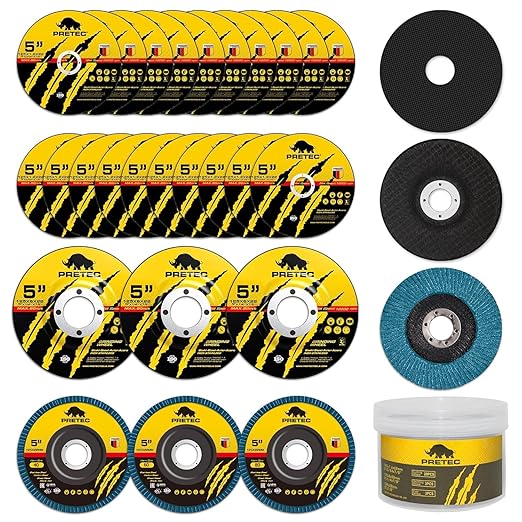 Grinding Cutting Wheels 5 inch Set - PRETEC 5 20 Cut Off Wheels 3 Grinding Wheels and 3 Flap Discs for Angle Grinder Cutting and Grinding 5” x 3/64 x 7/8 20+3+3 PCS Brown