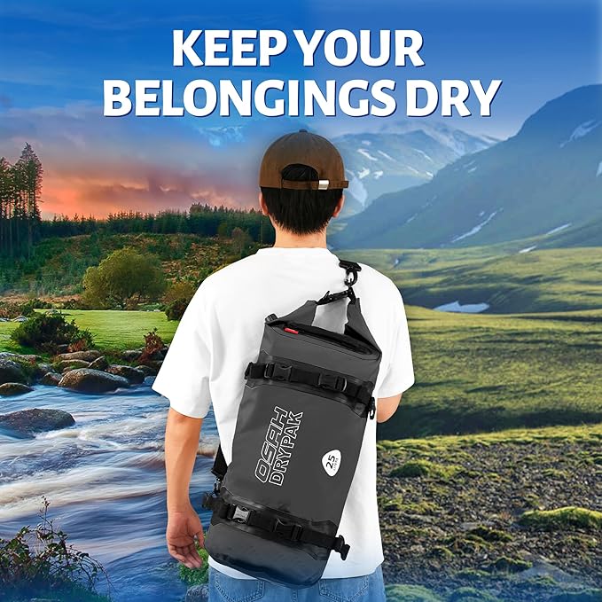 OSAH DRYPAK 25L Waterproof Dry Bag - Motorcycle Luggage Tail Bag with Straps for Back Seat Roll Top Lightweight Waterproof Backpack Sack for Travel Swimming Boating Kayaking Camping and Beach