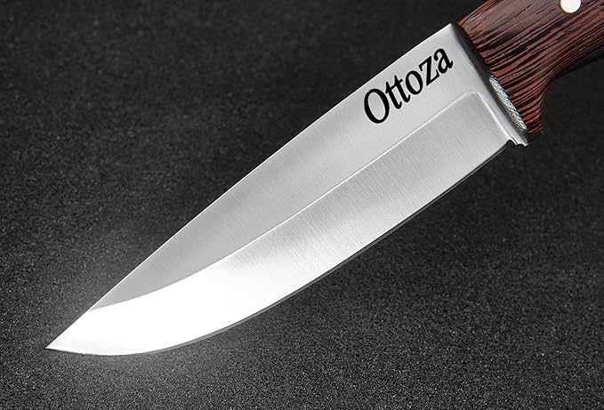 Ottoza Full Tang Bushcraft Knife with 1095 Carbon Steel Fixed Blade - Survival and Outdoor Camping Knife - Wenge Wood Handle Brown Leather Sheath 428