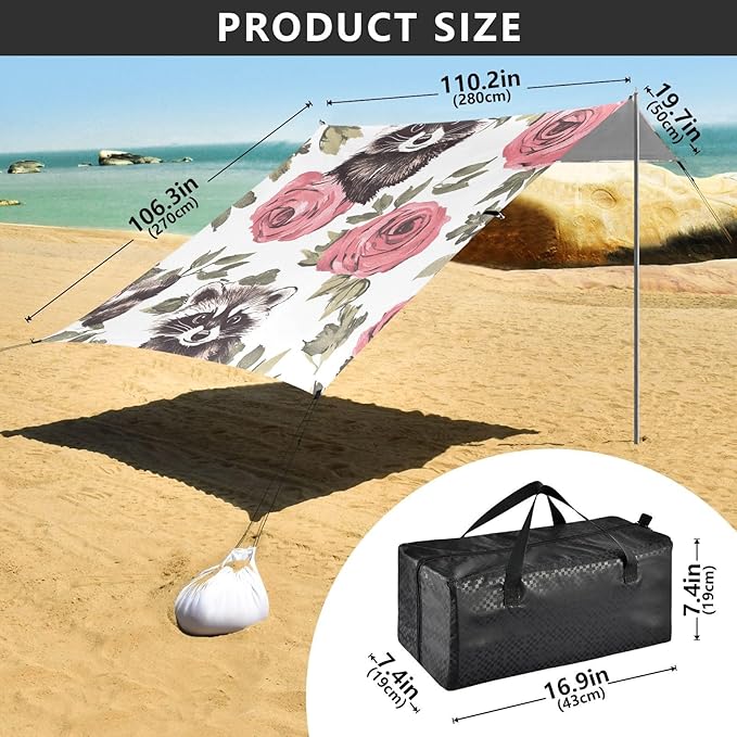 ALAZA Cute Raccoons Rose Beach Tent Sun Shelter Portable Canopy Sunshade for Outdoor Camping Picnics Backyard Fun 10x9 ft