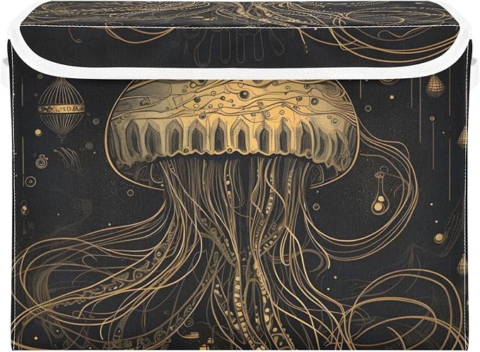 Golden Jellyfish Storage Cube with Lid Collapsible Flip-top locker Fabric Storage Bins Basket with Handle for Home Bedroom Closet Office 16.5×12.6×11.8 in