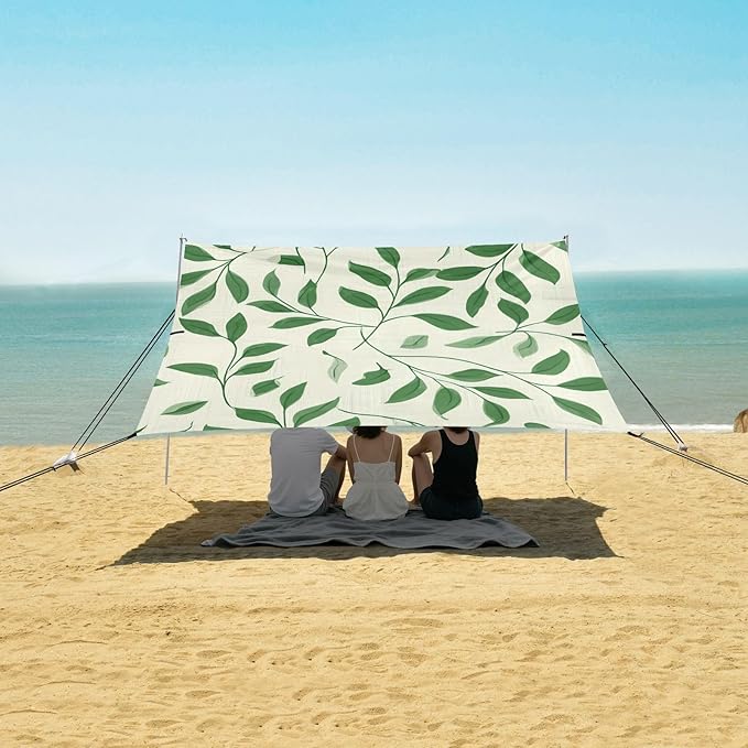 xigua Leaves Beach Tent Sun Shelter with Carrying Bag - Silver Coated Oxford Fabric Beach Canopy for Beach Camping Fishing - Includes Windproof Ropes Sandbags &amp Stakes