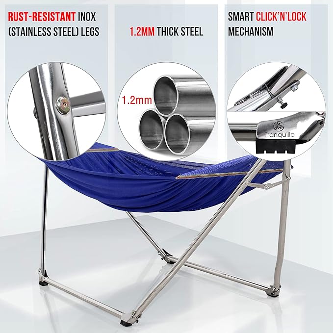 Tranquillo 650 lbs Capacity Double Hammock Stand for 2 Persons Adjustable Hammock Collapsible Camping Hammock and Stand Signature Stainless Steel Stand Breathable Polyester Hammock Net Pearl Blue