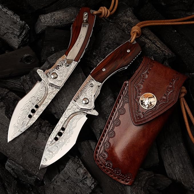 Handmade Japanese Damascus Steel Pocket Folding Knife with Leather Cover and Pocket Clip 2.87-inch Outdoor Camping Fishing Portable Pocket Knife