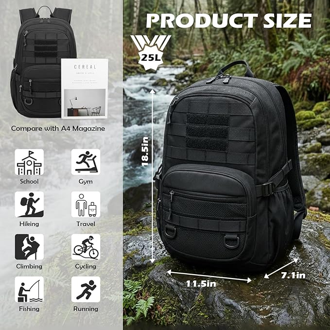 25L Military Tactical Backpack - Molle Army 3 Days Assault Pack Out Bag Hiking Rucksack Black