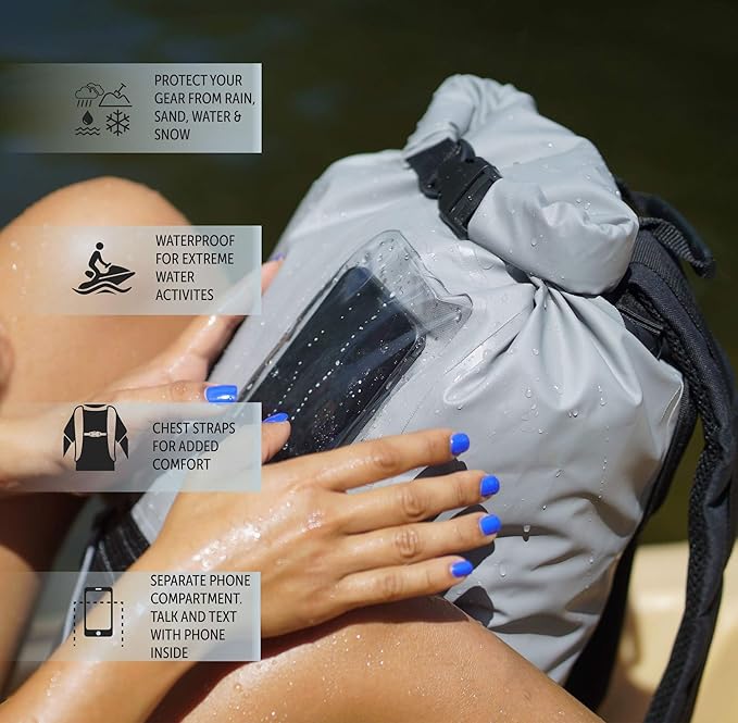 geckobrands Hydroner 20L Waterproof Dry Bag Backpack – Lightweight Roll-Top Bag with Clear Phone Pouch for Outdoor Activities