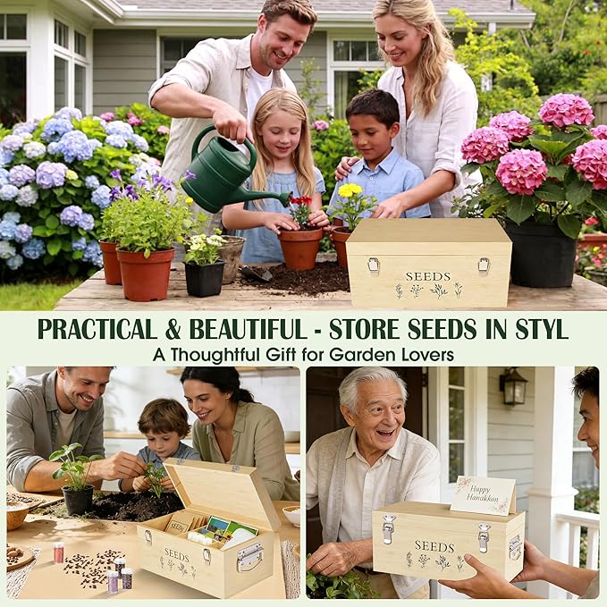 Bamboo Seed Storage Organizer Large Garden Seed Organizer with Lid &amp Safety Lock &amp Handles Seed Box Storage Organizer Includes Seed Envelopes and Labels etc Great Gifts Gardening Kit (Wood)