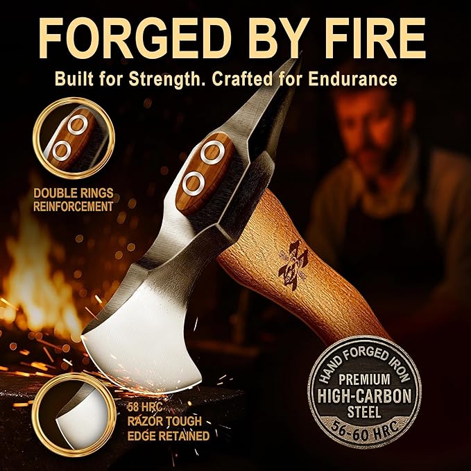 Grumpy Bear 11 Survival Axe Camping Hatchet – Forged High Carbon Steel Blade with Walnut Wood Handle – Shock-Absorbing Anti-Slip Grip – Ideal for Bushcraft Wood Splitting &amp Outdoor Adventures