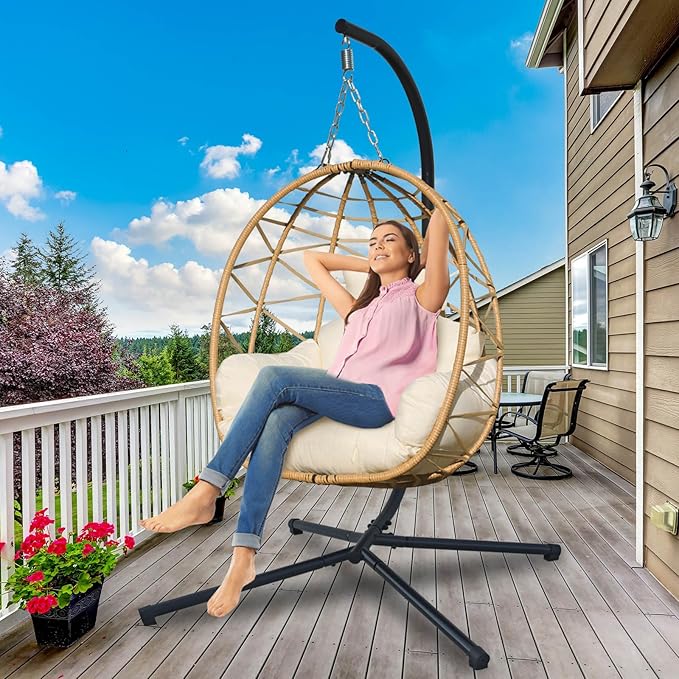 Hanging Egg Chair Swing with Stand Patio Wicker Hanging Chair Webbing &amp PE Rattan Weaving Thickened UV Resistant Cushion &amp Alloy Steel Frame 380lbs Capacity for Patio Bedroom Balcony (YB)