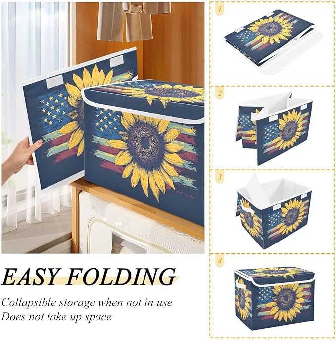 Sunflower America Storage Cube Bins Basket with Lid Collapsible Flip-top Fabric with Handle for Home Bedroom Closet Office 16.5×12.6×11.8 in