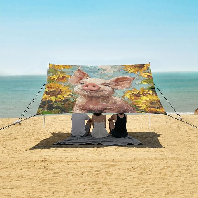 ALAZA Funny Pig Piglet Sunflower Summer Beach Tent Sun Shelter Portable Canopy Sunshade for Outdoor Camping Picnics Backyard Fun 10x9 ft