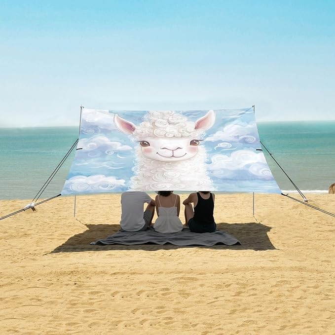 ALAZA Cute Llama Alpaca Clouds Beach Tent Sun Shelter UPF50+ Protection Beach Shade Canopy w/ 4 Sandbags for Outdoor Camping Fishing Backyard Fun Picnic 10x9 ft