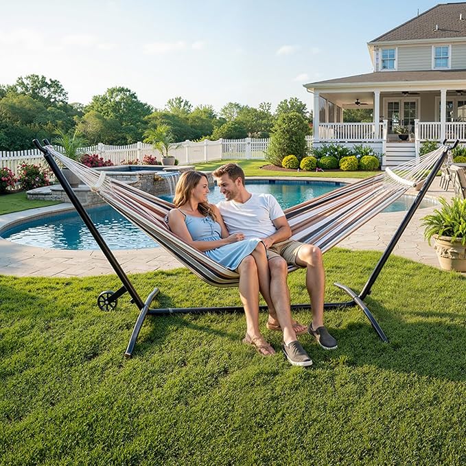 ONCLOUD Outside Hammock with Stand Portable Hammock Set with Wheel for Camping Backyard Heavy Duty Hammock with Carry Bag&amp2 Wooden Combs 440LBS Coffee Brown