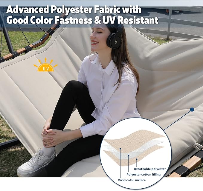 TegerDeger 12FT 2 Person Hammock with Stand Included 55 x 79IN Large Hammock 450LB Capacity with Hardwood Spreader Bar &amp Nylon Rope for Outside Patio Garden Backyard Beach Poolside - Beige