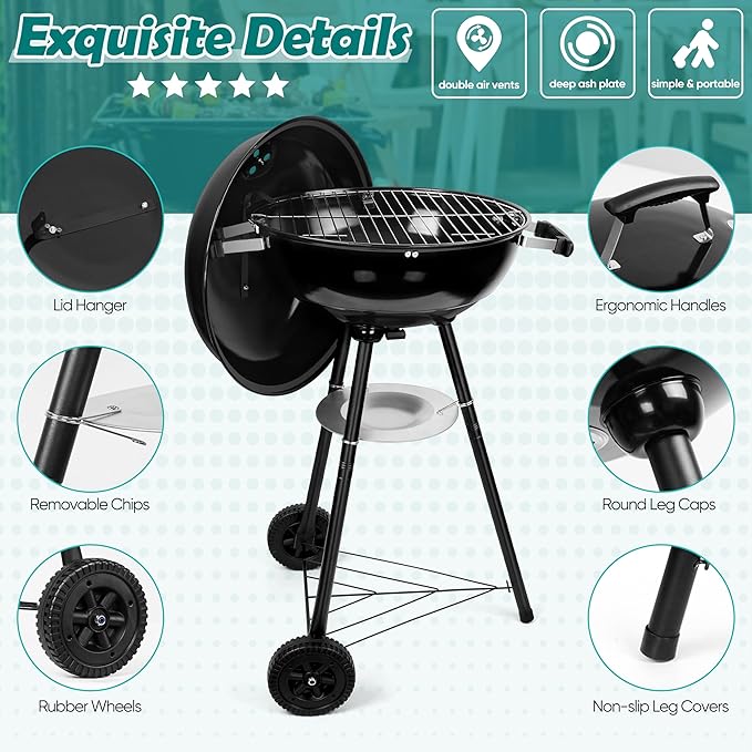 HaSteeL 18 Inch Charcoal Grill Black Kettle Outdoor Barbecue Grill 2-In-1 Portable BBQ Grill with Wheels for Camping Backyard Patio Picnic Porcelain-Enameled Lid &amp Fire Bowl 254.SQ.IN Cooking