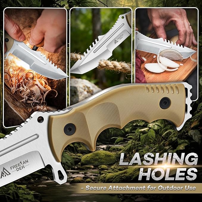 Freelander Fixed Blade Knife with Sheath Full Tang D2 Steel Survival Knife Camping Bushcraft Knives with Ergonomic Handle Outdoor Knives for Men