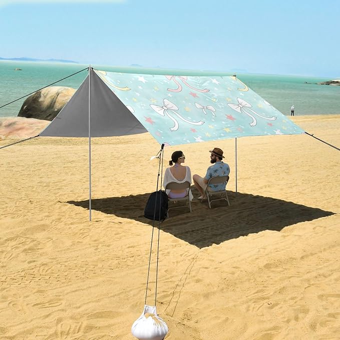 xigua Bow Beach Tent Sun Shelter with Carrying Bag - Silver Coated Oxford Fabric Beach Canopy for Beach Camping Fishing - Includes Windproof Ropes Sandbags &amp Stakes