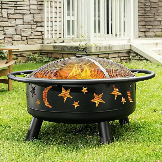 32 Inch Round Fire Pit with Mesh Cover Fire Poker Star and Moon Design Metal Wood Burning Outdoor Firepit for Patio Backyard Garden Bonfire PartyPerfect for Christmas Thanksgiving Halloween