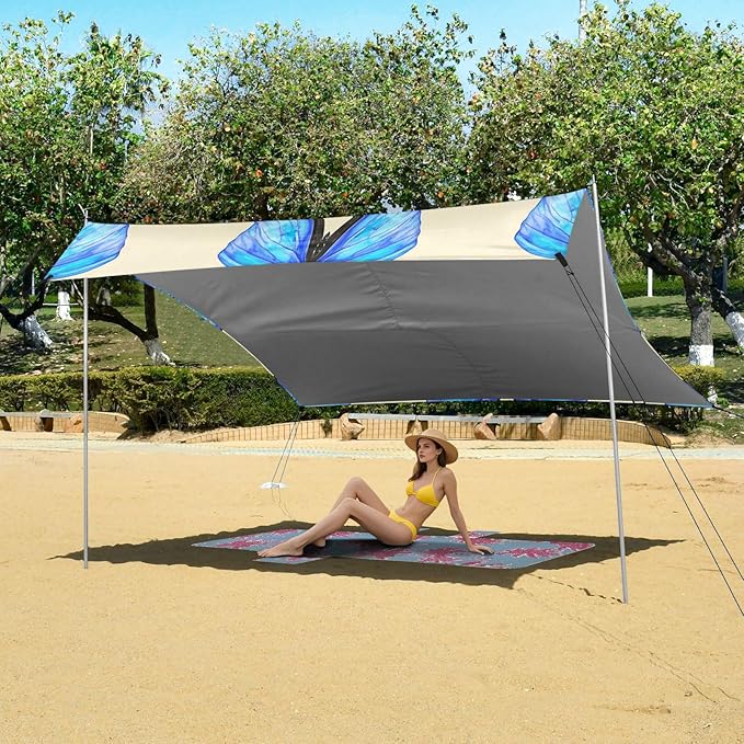 Beach Canopy with Windproof Ropes &amp Sandbags Beach Tent Sun Shade Sun Shelter for Camping Trips Fishing Backyard Fun or Picnics Butterfly