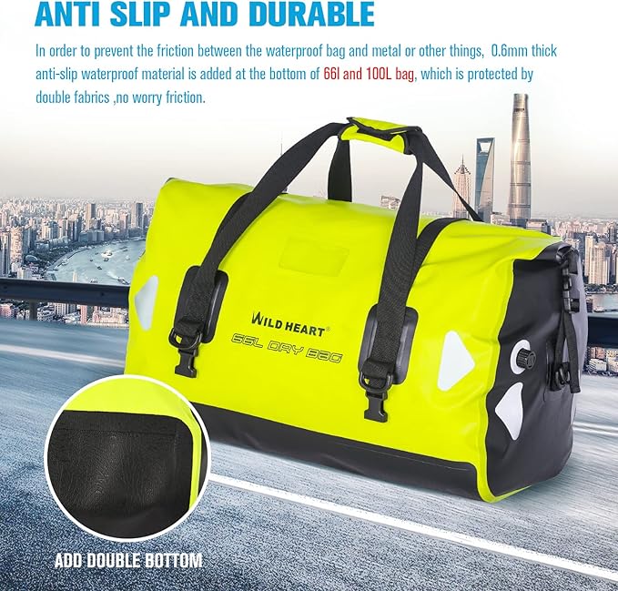 WILD HEART Waterproof Motorcycle Duffel Bag PVC500D Double-bottom With Rope Straps and Inner Pocket 40L 66L 100L for Kayaking Camping BoatingMotorcycle