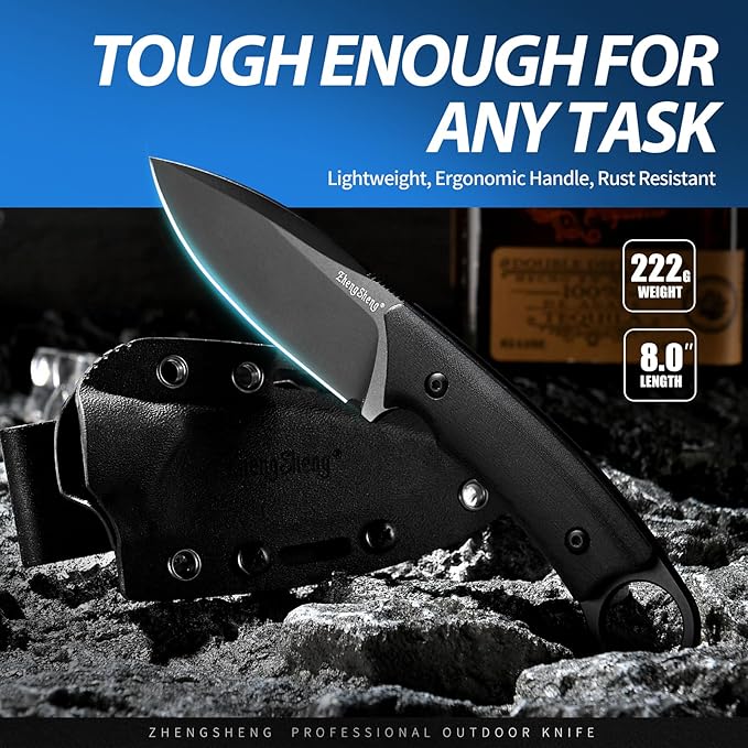 Fixed Blade Knife with Sheath 3.5” DC53 Steel blade with Black Titanium Coating and G10 Handle Full Tang Outdoor Camping Hiking Survival Knives for Men Women