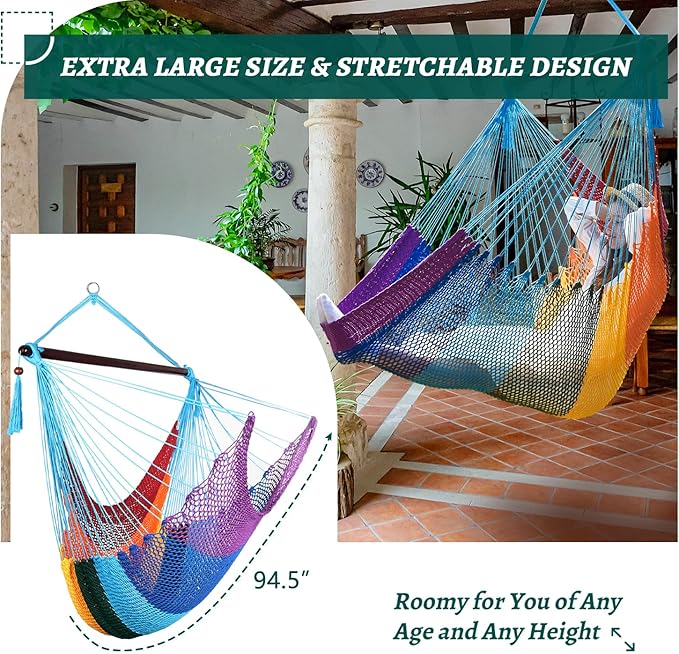 Caribbean Hammock Swing Chair with Spreader Bar Large Hammock Chair Hand Craft Rope Hanging Chair Outdoor Indoor Bedroom 330 LBS Weight Capacity Rainbow