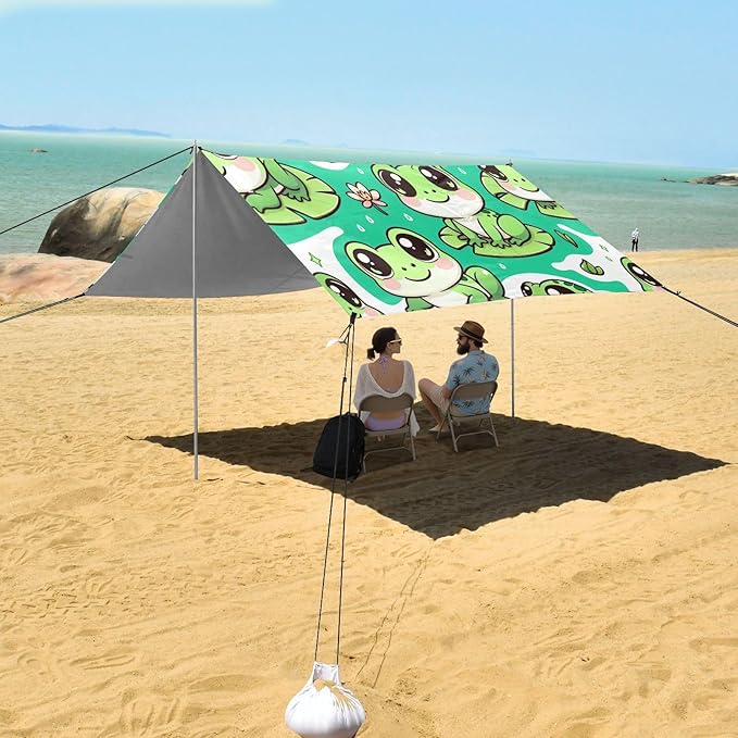Cute Frogs Green Beach Tent Sun Shelter Set UPF50+ UV Protection 10.5 x 9.19 FT Camping Shade Canopy with Sandbags Sand Anchors Carrying Bag and Others