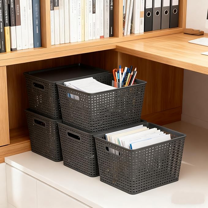 Zopnny Plastic Storage Baskets with Lid Stackable Storage bins for Organizing Shelves Drawers Desktop Closet Playroom Classroom Office 6 Pack 20 Quart