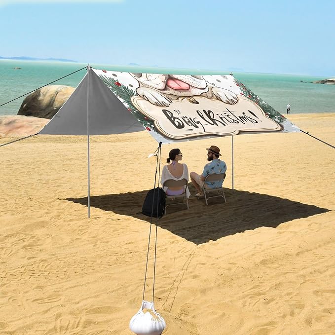 ALAZA Merry Christmas French Bulldog Bone Christmas Hat Beach Tent Sun Shelter Portable Canopy Sunshade for Outdoor Camping Picnics Backyard Fun 10x9 ft