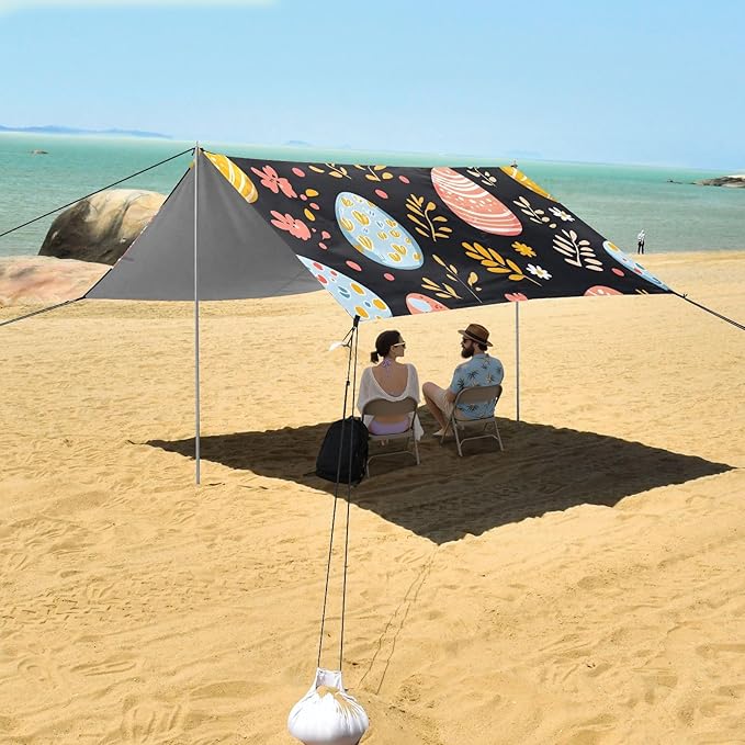 Easter Colorful Eggs Beach Tent Sun Shelter Set UPF50+ UV Protection 10.5 x 9.19 FT Camping Shade Canopy with Sandbags Sand Anchors Carrying Bag and Others