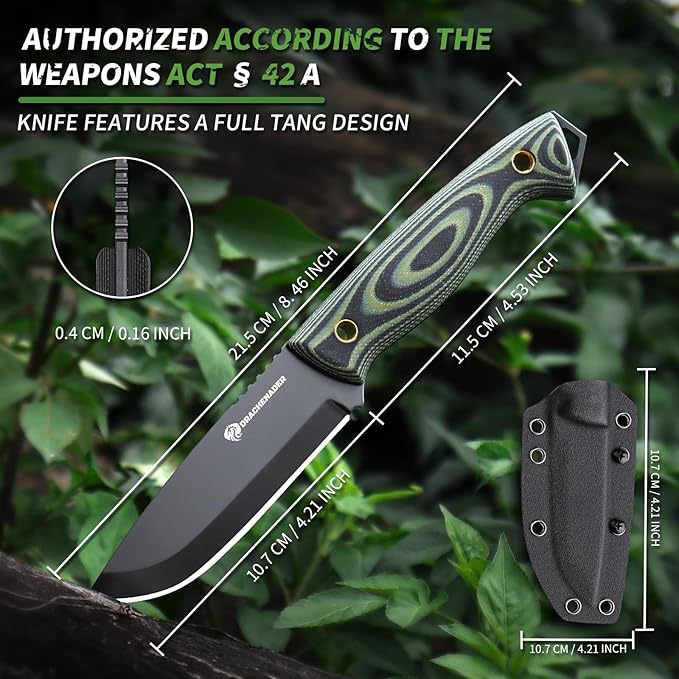 Fixed Blade Survival Knife with Fire Starter Whistle &amp Compass Full Tang D2 Steel Blade Horizontal Carry Sheath for Outdoor Sports