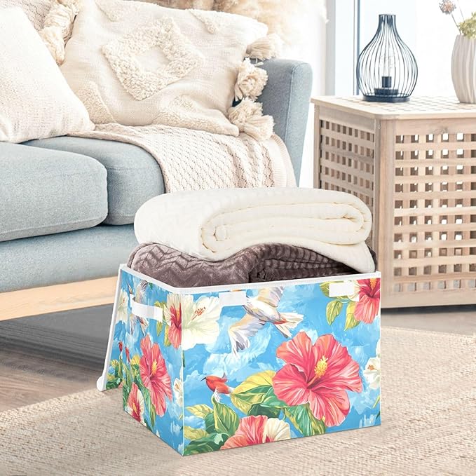 Collapsible Storage Bins with Lids Decorative Fabric Storage Cubes Closet Organizer and Storage Basket Boxes Containers for Clothes Box Chest Nursery Folding Rectangle Hibiscus Birds Oil Pain