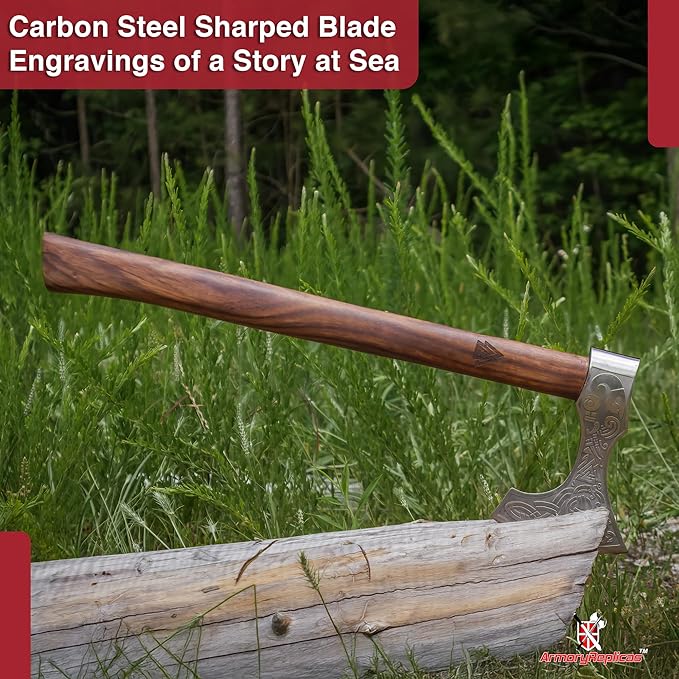 Hand-Forged Viking Battle Axe – Carbon Steel Blade with Draugr Etchings Handle Valknut Engraving Perfect for Collectors and Norse Mythology Enthusiasts