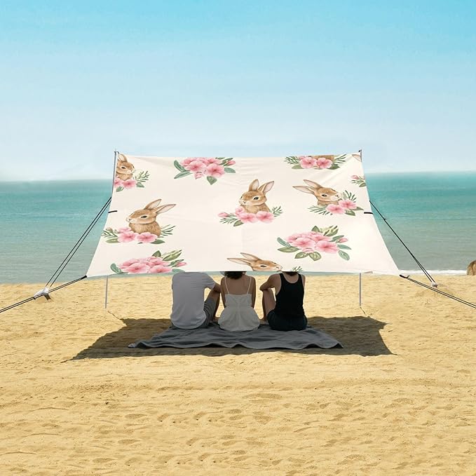 xigua Rabbit Beach Tent Sun Shelter with Carrying Bag - Silver Coated Oxford Fabric Beach Canopy for Beach Camping Fishing - Includes Windproof Ropes Sandbags &amp Stakes