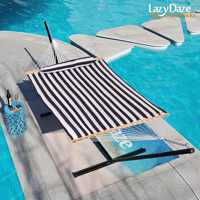 Lazy Daze Hammocks 12FT Quilted Fabric Double Hammock with Spreader Bars and Detachable Pillow 2-Person for Outside Patio Poolside Backyard Beach 450 lbs Capacity Black White