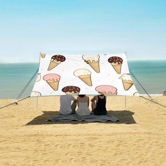 xigua Ice Cream Beach Tent Sun Shelter with Carrying Bag - Silver Coated Oxford Fabric Beach Canopy for Beach Camping Fishing - Includes Windproof Ropes Sandbags &amp Stakes