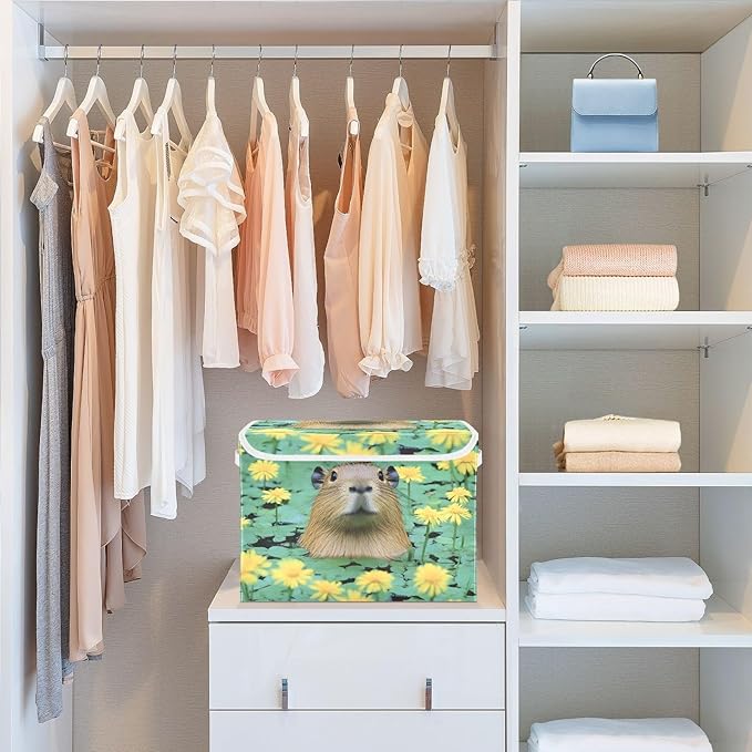 AIXIWAWA Lidded Storage Cube (Cute Capybara) Fabric Foldable Closet Bins with Flip Lid and Handles Organizer Basket Container 16.5 x 12.6 x 11.8 IN