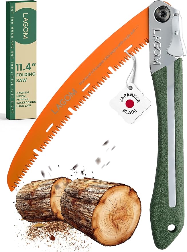 LAGOM Folding Camp Saw for Cutting Branches 11.4 Curved Blade | SK5 Steel Ergonomic Handle One-Hand Use Secure Lock | Foldable Pruning Tool for Camping Gardening Survival Kayaking Outdoors