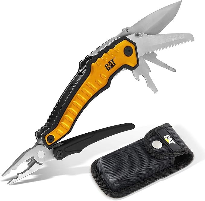 Caterpillar Multi Function Tool 9-in-1 X-Large Long Nose Pliers Wire Cutter Knife Bottle Opener Screwdriver Saw Blade with Pouch - Yellow 980045