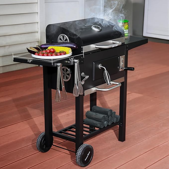 MASTER COOK Charcoal Grills with Two Foldable Side Tables 353 Sq.In Cooking Area Outdoor Smoke Barbecue bbq Grill for Camping Backyard Party Patio Picnic Garden Black18D x 43W x 37H