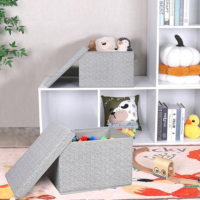 WUIKE Foldable Storage Bins with Lids Storage Boxes with Handles Closet Shelf Organizer Fabric Storage Baskets with Cover for Bedroom 3-Pack Ash Gray Extra Large