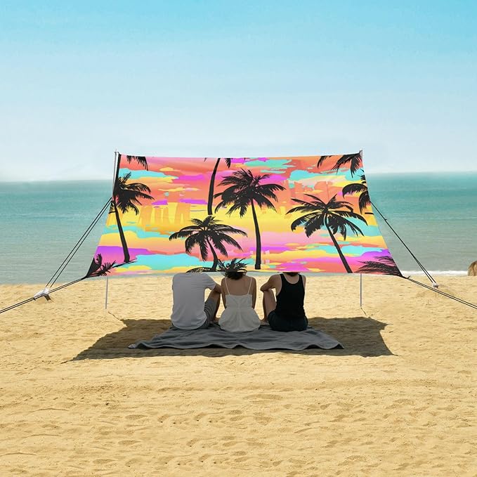 xigua Palm Tree Beach Tent Sun Shelter with Carrying Bag - Silver Coated Oxford Fabric Beach Canopy for Beach Camping Fishing - Includes Windproof Ropes Sandbags &amp Stakes