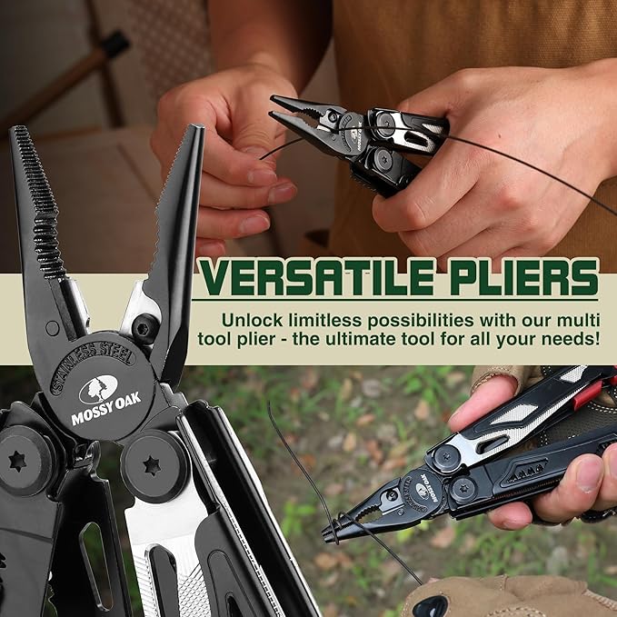 MOSSY OAK Multitool 19-in-1 Stainless Steel Multi Tool Pliers Survival Tools with Fire Starter Window Breaker Whistler Self-locking EDC Gear with Sheath for Outdoor Survival Camping Hiking