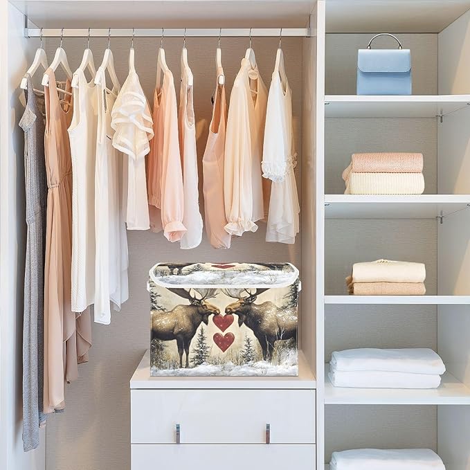AIXIWAWA Lidded Storage Cube (Heart Moose) Fabric Foldable Closet Bins with Flip Lid and Handles Organizer Basket Container 16.5 x 12.6 x 11.8 IN
