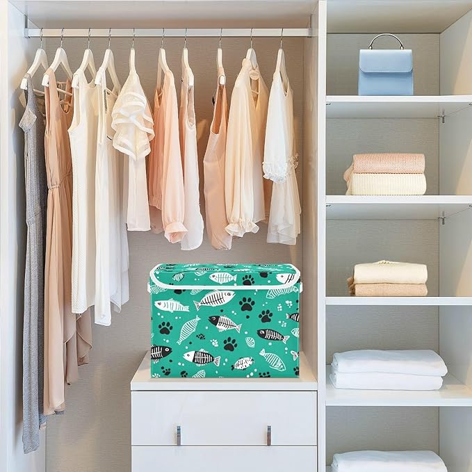 Collapsible Storage Bins with Lids Decorative Fabric Storage Cubes Closet Organizer and Storage Basket Boxes Containers for Clothes Box Chest Nursery Folding Rectangle Green Paw Prints Fish