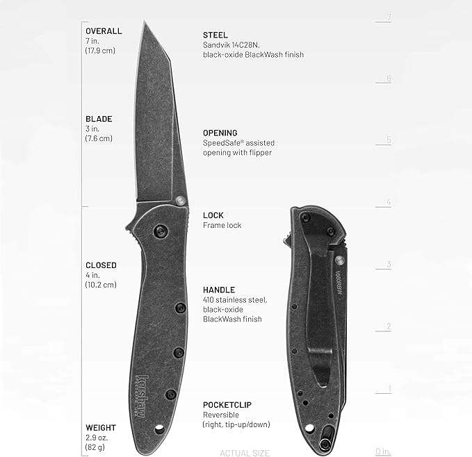 Kershaw Leek BlackWash Pocket Knife (1660BLKW) 3 Sandvik 14C28N Steel Blade 410 Stainless Steel Handle BlackWash Finish SpeedSafe Assisted Open Frame and Tip Locks Reversible Pocketclip 3 OZ